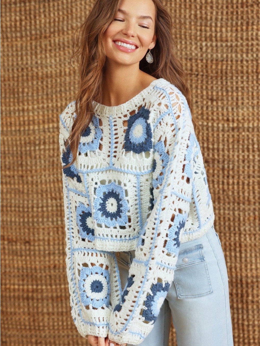 Altar’d State Annie Crochet Square Pullover Sweater in Cream and Blue